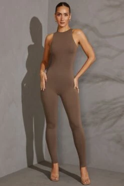 Racer Neck Jumpsuit In Taupe -Glam Dress Store 5610 3 Vida Charcoal Racer Neck Romper 7505c1f3 6bb5 4a7c 9d72 77592e23de7c