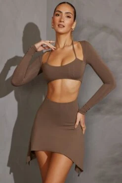 Long Sleeve Cut Out Mini Dress In Taupe -Glam Dress Store 5616 4 Charcoal Cut Out Mini With Long Sleeves