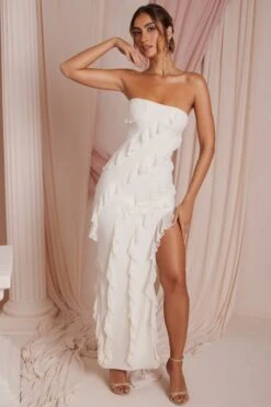 Bandeau Ruffle Detail Maxi Dress In Ivory -Glam Dress Store 5634 4 Nevali Ivory Bandeau Ruffle Detail