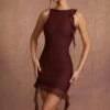 Backless Ruffle Detailing Mini Dress In Brown -Glam Dress Store 5635 4 Iolanra Brown Backless Mini Dress With Ruffle Detail