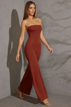 Bandeau Wide Leg Jumpsuit In Brick -Glam Dress Store 5658 4 Brick Strapless Jumpsuit