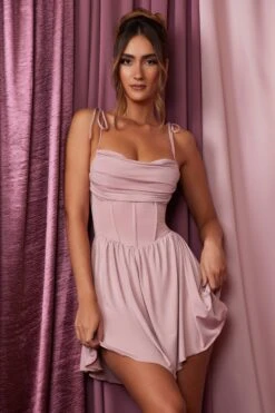 Cowl Neck A-Line Mini Dress In Mauve -Glam Dress Store 5664 1 Lourdes Mauve Cowl A Line Mini Dress