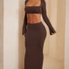 Low Rise Bodycon Maxi Skirt In Chocolate 2 Low Rise Bodycon Maxi Skirt In Chocolate -Glam Dress Store 5676 5822 17 Narelle Jomana Chocolate Long Sleeve Crop Top Maxi Skirt