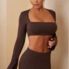 Long Sleeve Crop Top In Chocolate -Glam Dress Store 5676 5822 18 Narelle Jomana Chocolate Long Sleeve Crop Top Maxi Skirt 1