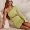 One Shoulder Flare Sleeve Mini Dress In Green -Glam Dress Store 5714 1 Ali Green One Shoulder Flare Sleeve Mini Dress