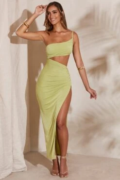 One Shoulder Cut Out Maxi Dress In Green 15 One Shoulder Cut Out Maxi Dress In Green -Glam Dress Store 5715 2 Ishtar Green One Shoulder Cut Out Ruched Maxi Dress