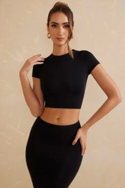 Cap Sleeve Crop Top In Black -Glam Dress Store 5800 3 Myaree Black Short Sleeve Top