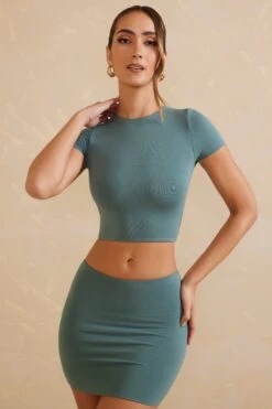 Cap Sleeve Crop Top In Teal 16 Cap Sleeve Crop Top In Teal -Glam Dress Store 5800 5801 2 Myaree Jula Teal Short Sleeve Top Low Rise Mini