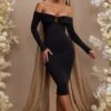 Long Sleeve Bardot Neckline Midi Dress In Black -Glam Dress Store 5815 5 Brigitte Black Off Shoulder Panel Midi Dress