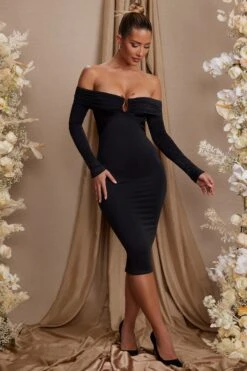 Long Sleeve Bardot Neckline Midi Dress In Black