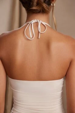 Halter Neck Asymmetric Mini Dress In Cream -Glam Dress Store 5817 2 Blanca Cream Asymmetric Hem Dress