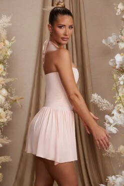 Halter Neck Asymmetric Mini Dress In Blush -Glam Dress Store 5817 3 Blanca Blush Asymmetric Hem Dress