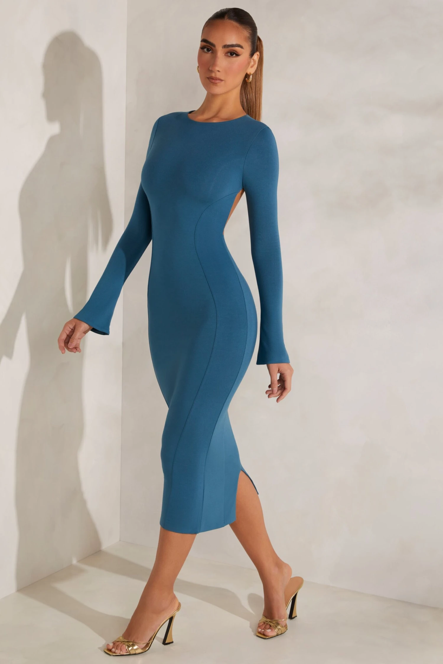 High Neck Long Sleeve Open Back Midaxi Dress In Teal 3 High Neck Long Sleeve Open Back Midaxi Dress In Teal