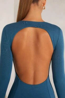 High Neck Long Sleeve Open Back Midaxi Dress In Teal 13 High Neck Long Sleeve Open Back Midaxi Dress In Teal -Glam Dress Store 5829 6 Teal High Neck Midaxi Dress