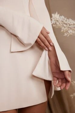 Long Sleeve Cross Over Strap Mini Dress In Cream -Glam Dress Store 5835 5 Salome Cream Cross Over Strap Split Mini Dress