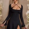 Long Sleeve Cross Over Strap Mini Dress In Black -Glam Dress Store 5835 7 Salome Black Cross Over Strap Split Mini Dress