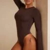 Crew Neck Long Sleeve Bodysuit In Chocolate 1 Crew Neck Long Sleeve Bodysuit In Chocolate -Glam Dress Store 5839 9 Lutana Chocolate Long Sleeve Crew Neck Bodysuit