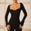 Long Sleeve Sweetheart Neckline Romper In Black -Glam Dress Store 5847 3 Bambola Black Sweetheart Long Sleeve Romper