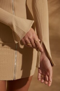 Long Sleeve Zip Front Mini Dress In Tan -Glam Dress Store 5857 7 Eilish Tan Zip Front Ribbed Mini Dress