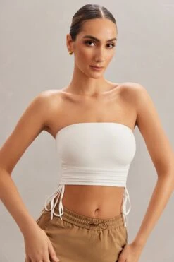 Ruched Bandeau Crop Top In Ivory