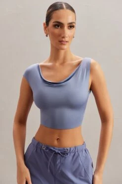 Cowl Neck Crop Top In Blue -Glam Dress Store 5863 1 Yindi Blue Cowl Neck Top