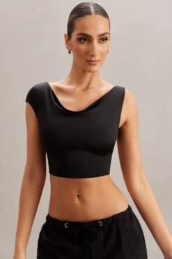 Cowl Neck Crop Top In Black -Glam Dress Store 5863 3 Yindi Black Asymentric Cowl Neck Top 1