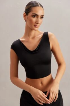 Cowl Neck Crop Top In Black -Glam Dress Store 5863 5 Yindi Black Asymentric Cowl Neck Top 1