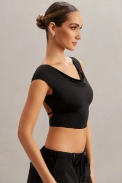 Cowl Neck Crop Top In Black -Glam Dress Store 5863 6 Yindi Black Asymentric Cowl Neck Top 1