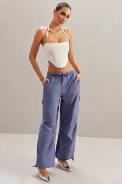 Petite Wide Leg Cargo Trousers In Dusty Blue