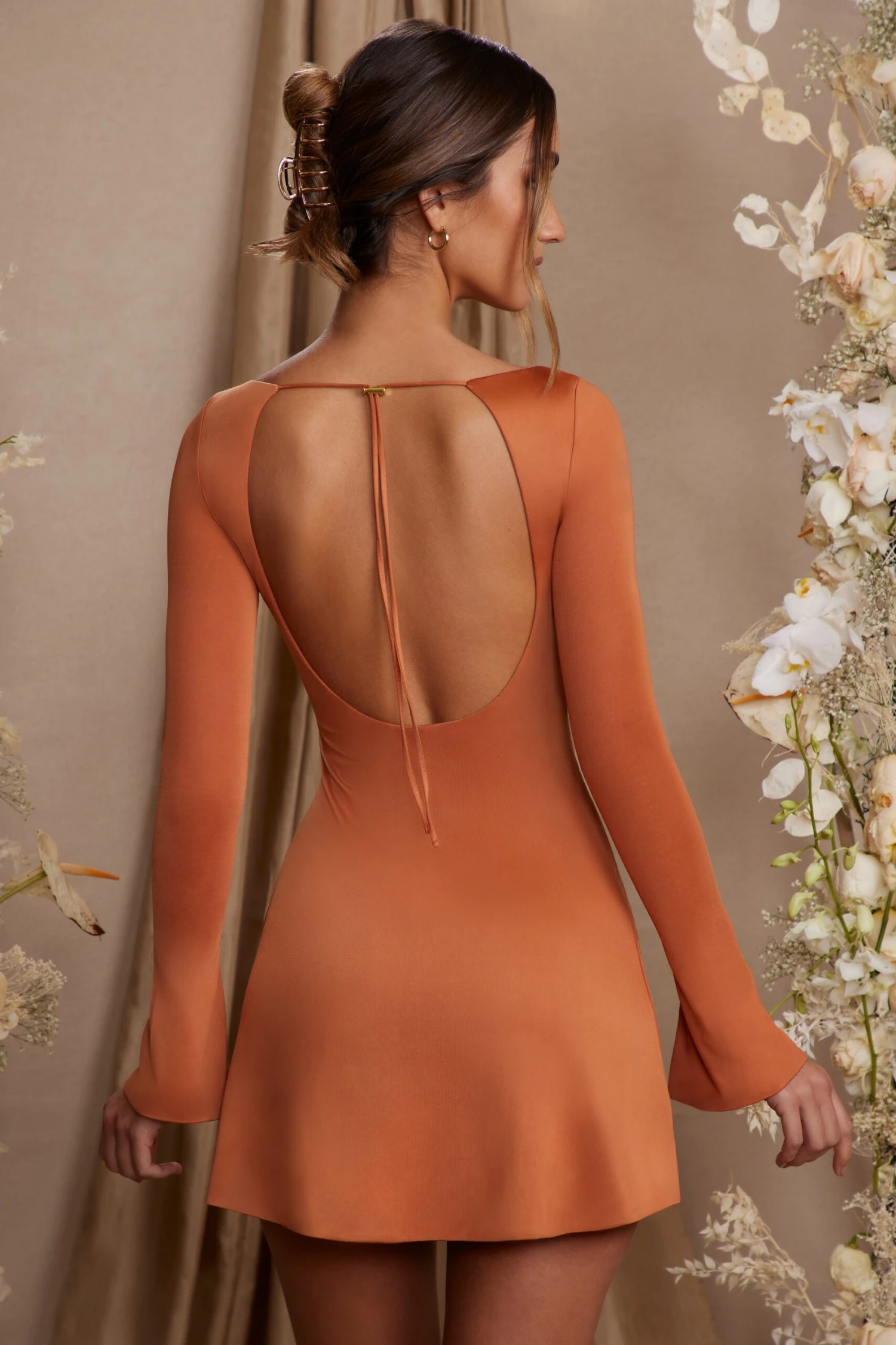 Long Sleeve Cut Out A-Line Mini Dress In Tan 3 Long Sleeve Cut Out A-Line Mini Dress In Tan