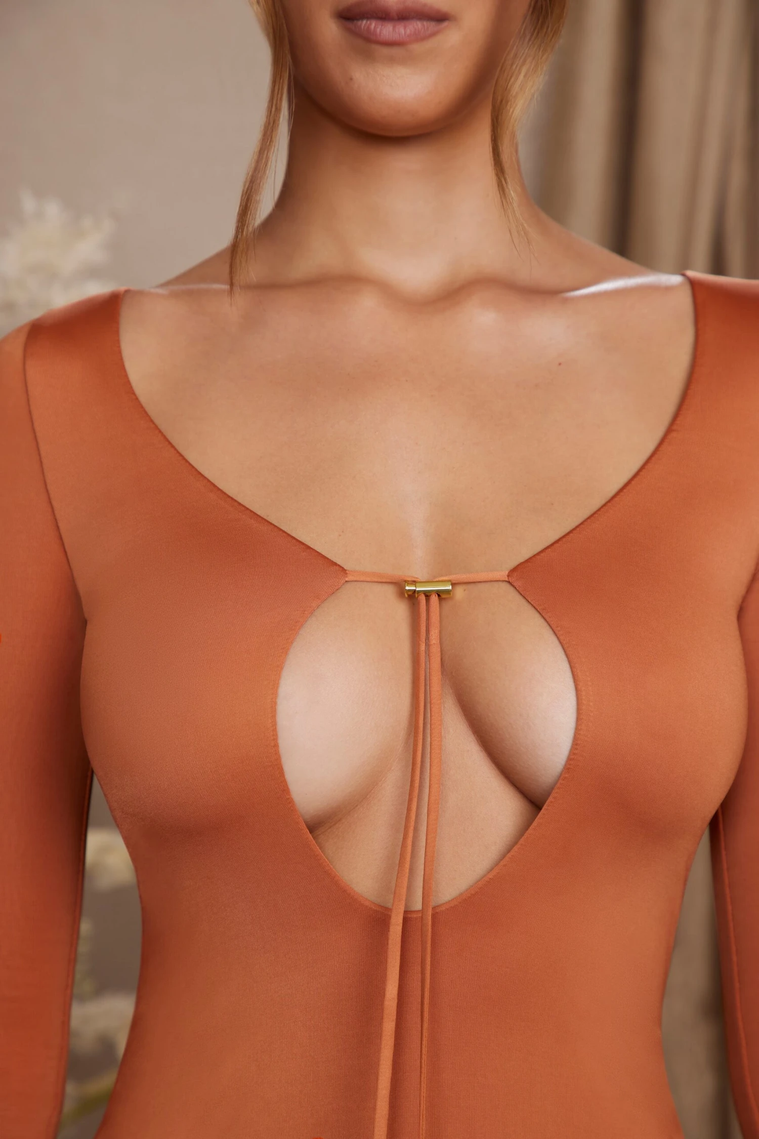 Long Sleeve Cut Out A-Line Mini Dress In Tan 7 Long Sleeve Cut Out A-Line Mini Dress In Tan - Image 5