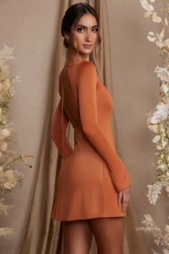 Long Sleeve Cut Out A-Line Mini Dress In Tan 15 Long Sleeve Cut Out A-Line Mini Dress In Tan -Glam Dress Store 5869 4 Cosette Tan Aline Dress With Tie