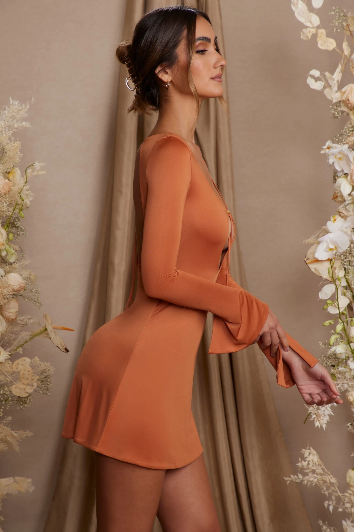 Long Sleeve Cut Out A-Line Mini Dress In Tan 5 Long Sleeve Cut Out A-Line Mini Dress In Tan - Image 3