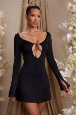Long Sleeve Cut Out A-Line Mini Dress In Black -Glam Dress Store 5869 6 Cosette Black Keyhole Front Cut Out Back Mini Dress