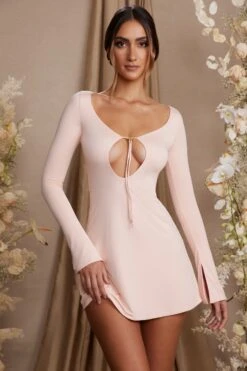 Long Sleeve Cut Out A-Line Mini Dress In Blush 14 Long Sleeve Cut Out A-Line Mini Dress In Blush -Glam Dress Store 5869 6 Cosette Blush Keyhole Front Cut Out Back Mini Dress