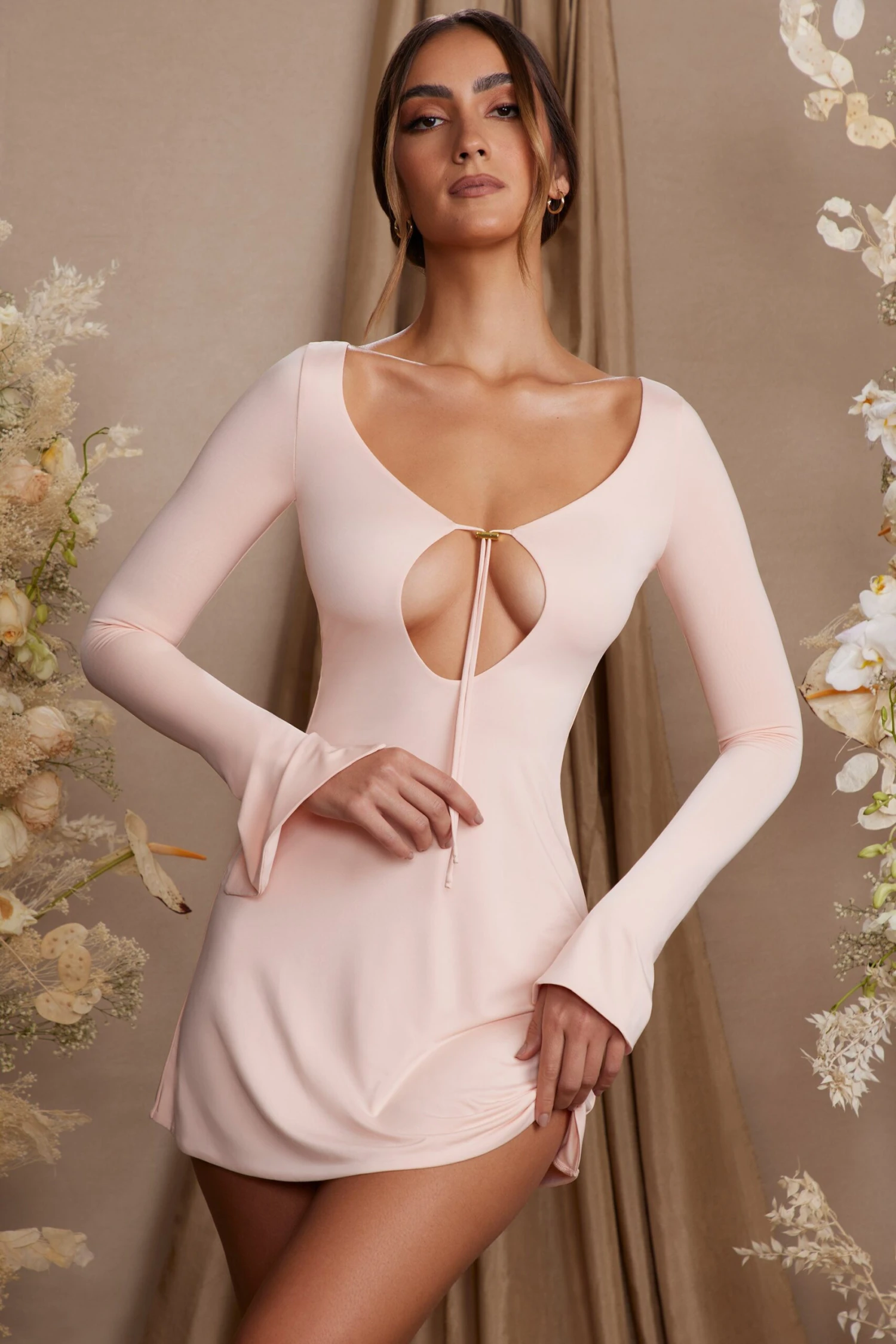 Long Sleeve Cut Out A-Line Mini Dress In Blush 3 Long Sleeve Cut Out A-Line Mini Dress In Blush