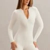 Long Sleeve Romper In Ivory 2 Long Sleeve Romper In Ivory -Glam Dress Store 5874 4 Ciji Ivory Zip Up Romper