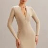 Long Sleeve Mini Dress In Stone 1 Long Sleeve Mini Dress In Stone -Glam Dress Store 5878 4 Koen Stone Long Sleeve Zip Up Mini Dress