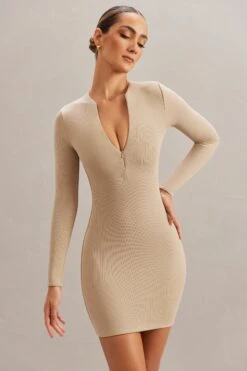 Long Sleeve Mini Dress In Stone 15 Long Sleeve Mini Dress In Stone -Glam Dress Store 5878 5 Koen Stone Long Sleeve Zip Up Mini Dress