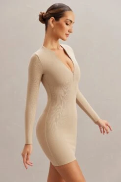 Long Sleeve Mini Dress In Stone 12 Long Sleeve Mini Dress In Stone -Glam Dress Store 5878 7 Koen Stone Long Sleeve Zip Up Mini Dress