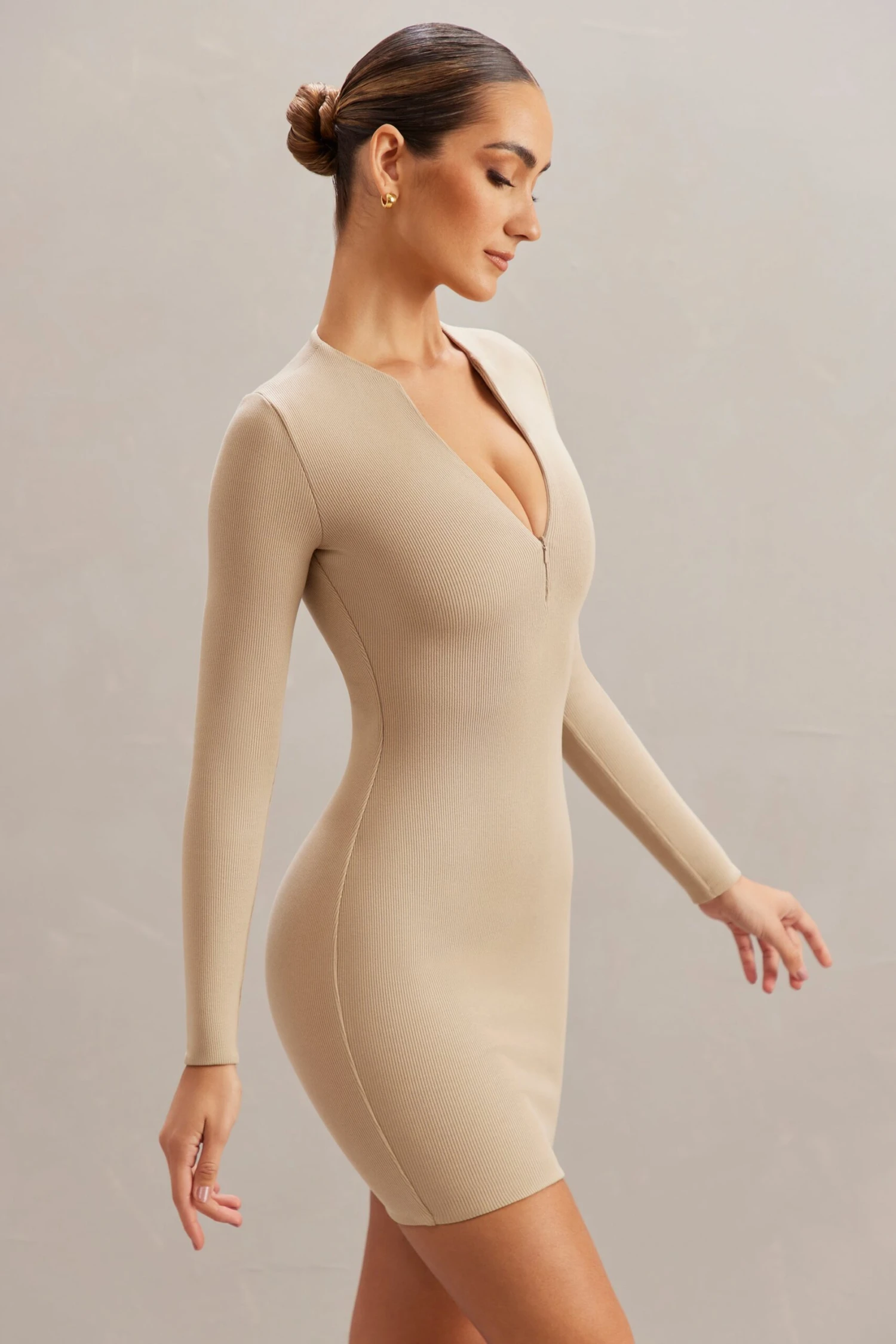 Long Sleeve Mini Dress In Stone 5 Long Sleeve Mini Dress In Stone - Image 3