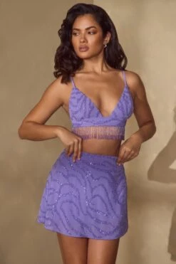 Embellished A-Line Mini Skirt In Purple -Glam Dress Store 5926 6744 9 Vaira Luz Purple Embellised Bra Top A Line Skirt