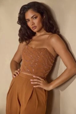 Embellished Bandeau Corset Top In Caramel -Glam Dress Store 5929 8 Mina Caramel Corset Top