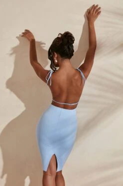 Cowl Neck Backless Midi Dress In Light Blue