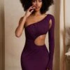 Single Sleeve Cut Out Mini Dress In Plum -Glam Dress Store 5938 2 Anoushka Plum One Shoulder Cut Out Ruched Dress