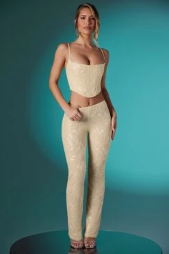 Embellished Lace Low Rise Trousers In Ivory