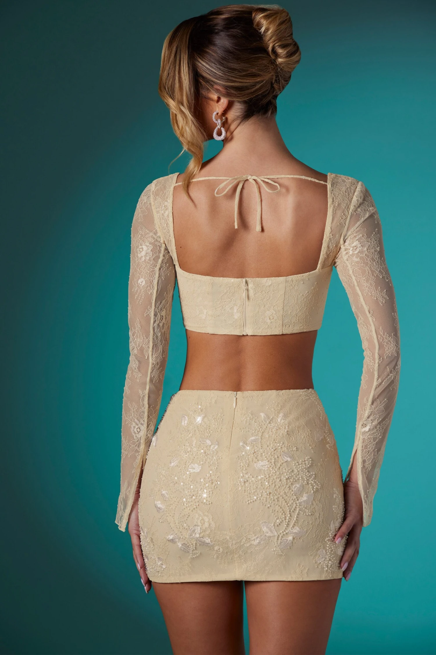 Long Sleeve Embellished Lace Corset Crop Top In Ivory 12 Long Sleeve Embellished Lace Corset Crop Top In Ivory - Image 10