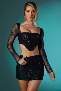Embellished Lace Bodycon Mini Skirt In Black