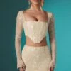 Long Sleeve Embellished Lace Corset Crop Top In Ivory