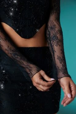 Long Sleeve Embellished Lace Corset Crop Top In Black -Glam Dress Store 5958 5960 6 Black Embellished Lace Corset Top Mini Skirt